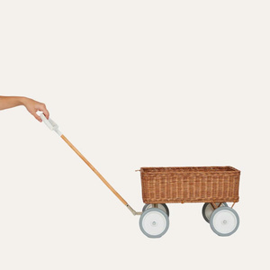 Kids Wooden Handle Woven <b>Storage</b> Wagon Rattan Toy Cart with Wheels Decorative Nursery Organizer Rolling <b>Basket</b> for Home Playroom - Product Image 2