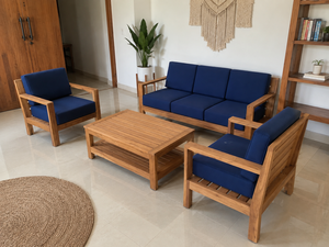 Ensemble de salon de jardin en teck Japandi moderne, canapé 3 places, 2 fauteuils et table basse à 2 niveaux - Product Image 3