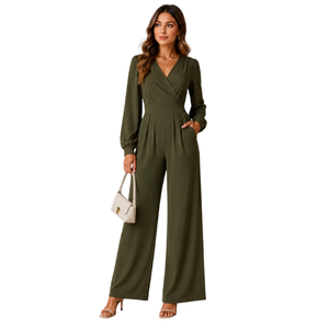 Mono largo para mujer con cuello en V y detalles de bolsillos, pantalones anchos y largos, manga larga, transpirable, para primavera/verano. - Product Image 1