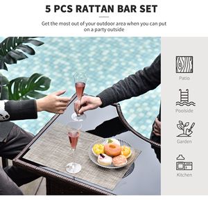 Ensemble de bar en rotin brun 5 pièces pour terrasse extérieure et jardin, comprenant une table avec plateau en verre, 4 tabourets de bar avec étagère de rangement à 2 niveaux - Product Image 6