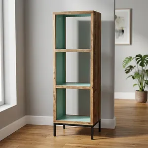 Étagère rustique en bois et fer à 3 cubes avec étagères ouvertes et finition vieillie pour le rangement dans le salon - Product Image 6