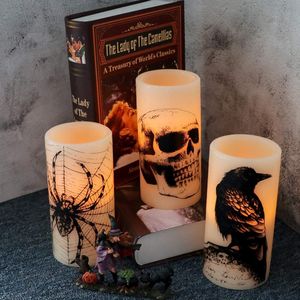 Candele LED Senza Fiamma per Halloween con Effetto Tremolante, Timer 6 Ore, Decorazioni Spaventose, Funzionamento a Batteria con Motivi di Teschio, Ragnatela, Corvo e Grappino - Product Image 2