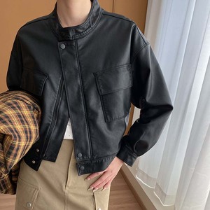 Women's Stand Collar <b>Short</b> Leather <b>Jacket</b> – Autumn Long Sleeve Leather Coat, Slim Casual Outerwear for Ladies - Product Image 1