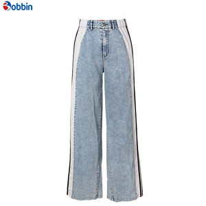 Pantalones Vaqueros con Rayas Laterales y Logotipo Personalizado para Mujer, Ropa de Moda, Pantalones de Pierna Ancha con Parches y Cintura Alta, Pantalones Rectos de Mezclilla - Product Image 1