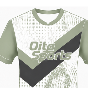 Maillot de rugby à manches courtes vert sauge, blanc et gris, col rond, graphique, performance athlétique, vêtements de sport d'équipe, entraînement, match de rugby - Product Image 3