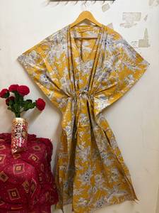 Women's Orange Floral Print 100% Cotton Maxi V-neck Batwing Sleeve Drawstring Casual <b>Kaftan</b> Dress Beachwear & Resort Wear <b>Summer</b> - Product Image 3