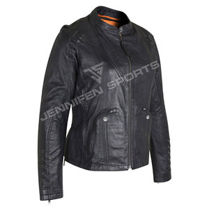 Blouson en cuir de vachette véritable noir pour femme, style motard vintage, coupe courte, dernier design, vente en gros - Product Image 2