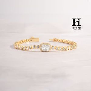 18K Gold Bezel-Set Tennis <b>Bracelet</b> with Emerald-Cut Halo Station – Elegant Gold Diamond <b>Bracelet</b> - Product Image 4
