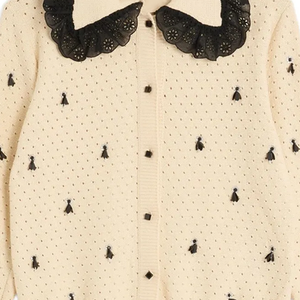 Cárdigan de Invierno para Mujer, Lana/Cachemira, Bordado con Diseño de Abedul/Negro, Cuello en V, Manga Larga, Botones al Frente, Bordado de Encaje Sangallo - Product Image 4