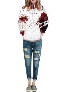 Sudadera Unisex Blanca con Estampado de Salpicaduras de Sangre y Frase 'I'm Fine', Corte Regular, Informal, Otoñal, Tejida en Poliéster con Estampados por Sublimación - Product Image 2