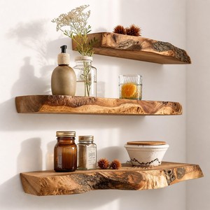 Étagère flottante en acier inoxydable avec bord naturel |   Décoration murale de salon au design rustique artisanal avec fonction de rangement - Vente en gros - Product Image 3