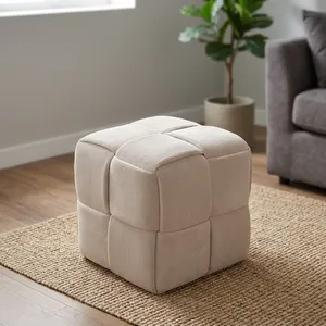 Modern Beige Corduroy Cube <b>Pouf</b> Ottoman Soft Cushioned Footrest Floor Stool for Living Room Bedroom Home Decor Furniture - Product Image 4