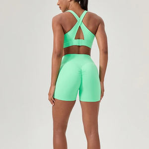 Sujetador deportivo verde menta con espalda cruzada, de alto soporte, para yoga, color liso, con logo frontal, ropa deportiva para mujer, decoración de malla sin costuras - Product Image 5