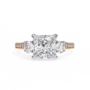Bague de fiançailles à trois pierres en diamant de laboratoire taille princesse de 2,50 carats, certifiée IGI, avec pierres latérales brillantes pavées en or rose, pour mariée - Product Image 2