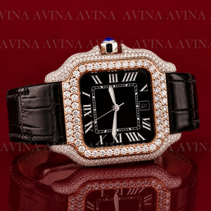 Reloj de Lujo con Diamantes Moissanite Estilo Hip Hop para Hombre |   Reloj de pulsera con correa de cuero negro y visualización de fecha con números romanos - Product Image 6