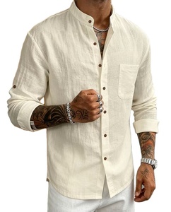 Stand-<b>up</b> Collar Casual Shirt-Breathable Linen/Cotton Fabric Sophisticated Mature Look - Product Image 1