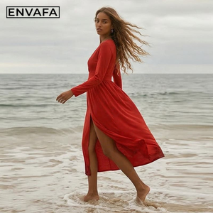 Custom <b>Dress</b> <b>With</b> LOGO Women's <b>Summer</b> New Style Long-<b>sleeved</b> V-neck Solid Color Hem Slit <b>Dress</b> for Women - Product Image 2