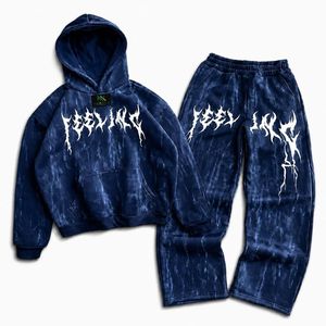 Custom <b>Men</b> Acid Wash <b>Gothic</b> Print Pullover Hoodie Sweatpants Set 2 Piece Winter Streetwear Hip Hop Fleece Tracksuit <b>Clothes</b> - Product Image 1