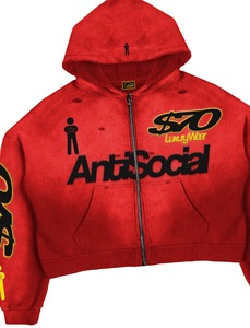 Red AntiSocial LuxuryWear Zip Hoodie Set | Cropped Hoodie & Distressed Denim Shorts | Streetwear Matching Set OEM Private Label - Product Image 2