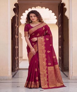 FANCY LICHI SILK WEAVING WORK <b>SAREE</b> with UNSTITCHED BLOUSE FESTIVE WEAR WHOLESALE PRICE SF-1092 <b>RED</b> FLOOR-LENGTH QUICK DRY 85024 - Product Image 2