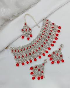 Exquisito Conjunto de Joyería Nupcial Étnica de Aleación Chapada en Oro Rosa con Zirconia, Collar Gargantilla, Pendientes y Maang Tikka para Aniversario - Product Image 1