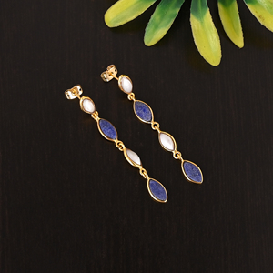 Boucles d'oreilles pendantes en argent sterling 925 avec pierres précieuses lapis-lazuli et nacre pour femmes - Product Image 2