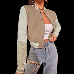 Veste courte de style universitaire pour femmes, veste bomber de baseball, couleur contrastée, motif uni, manches longues, style streetwear - Product Image 1