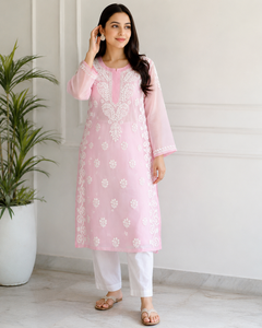 Premium Pink <b>Chikankari</b> Embroidered Georgette Kurti for Women – Elegant Ethnic Wear with Floral Embroidery - Product Image 1
