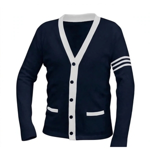 Custom Logo Wholesale <b>Women</b> Preppy V-Neck Knit <b>Cardigan</b> <b>Navy</b> Blue Contrast Trim Button Up Sweater with Sleeve Stripes - Product Image 1