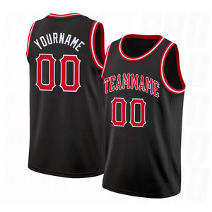 Maillot de basket-ball personnalisé noir, rouge et blanc, col rond, tricot côtelé, respirant, séchage rapide, maille premium, sans manches - Product Image 1