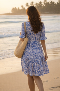 เดรสสั้นทรงเอพิมพ์ลายผ้าฝ้ายรักษ์โลกสำหรับผู้หญิง สไตล์โบฮีเมียนลำลอง แขนสั้น ทรงพอดีตัว ชายกระโปรงบาน เหมาะสำหรับงานปาร์ตี้ฤดูใบไม้ผลิและฤดูร้อน ลายดอกไม้ - Product Image 3