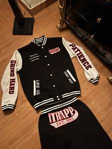 Black White Winter Letterman <b>Jacket</b> Set Embroidered Varsity Coat and <b>Track</b> Pants <b>Mens</b> Streetwear Outerwear 6XL - Product Image 1