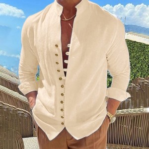 เสื้อเชิ้ตแขนยาวผู้ชายสีกากีขนาดใหญ่วินเทจใหม่ฤดูใบไม้ผลิฤดูใบไม้ร่วงเสื้อลำลองกระดุมใน US XXL สีพื้น - Product Image 1