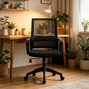 Chaise de bureau moderne en maille noire, dossier ouvert, accoudoirs fixes, ergonomique, pivotante, hauteur réglable pour bureau à domicile - Product Image 1
