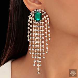 PRAO Anti-deslustre Esmeralda Rhinestone Fringe Declaración Stud Pendientes Accesorio de moda - Product Image 3