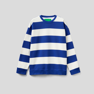 Sweat-shirt unisexe à col rond surdimensionné, rayé bleu et blanc, tricoté, décontracté, pour le printemps, coupe classique - Product Image 1
