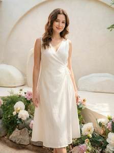 เดรสผ้าลินินแท้ 100% เป็นมิตรกับสิ่งแวดล้อม ซักได้ ทรงมินิ ผ้าไม่ทอ มีรอยผ่า สไตล์หวาน - Product Image 5