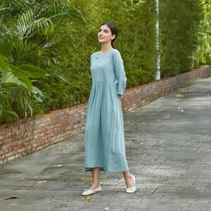 Robe midi vintage en lin biologique 100 % coton pour femme, taille haute, coupe ample, manches courtes, tenue d'été personnalisée, grandes tailles - Product Image 3