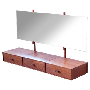 Consola de tocador flotante moderna de mediados de siglo con 3 cajones, espejo panorámico ancho sin marco y soportes de madera. - Product Image 1