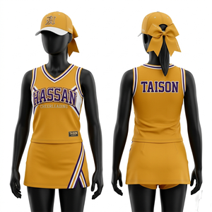 Maillot de cheerleading pour femmes, qualité supérieure, 220 GSM, polyester interlock, jaune, violet, blanc, panneau latéral, logo personnalisé en twill - Product Image 1