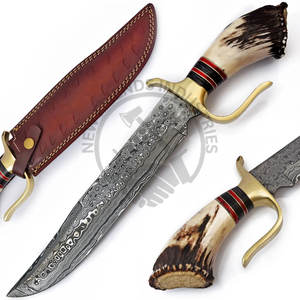 Cuchillo Bowie de Acero de Damasco Hecho a Mano con Mango de Cuerno de Ciervo y Funda, Cuchillo de Caza para Exteriores de Hoja Fija Afilada de la Mejor Calidad - Product Image 2