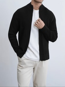 Men's Black Mandarin Collar Zipper <b>Cardigan</b> <b>Sweater</b> Full Sleeve Solid Color Anti-Pilling Cotton Autumn Wear - Product Image 2