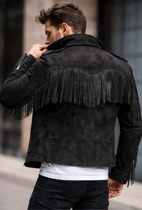 Chaqueta de Motociclista de Cuero Negra para Hombre, Estilo Occidental, con Flecos Decorativos, Cuello Camisero, Corte Ajustado, Largo Regular, Cierre de Cremallera, Estilo Otoñal - Product Image 5