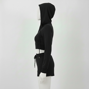 Sweat-shirt à capuche court noir pour femme, fermeture éclair, manches longues, en coton tricoté, pour l'automne, avec ensemble de shorts à cordon - Product Image 3