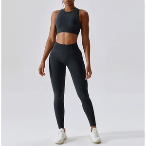 <b>Green</b> Ribbed 2 Piece Yoga <b>Set</b> High Waist Leggings Scoop Neck Crop Top Seamless Sportswear Women's Workout Suit - Product Image 4