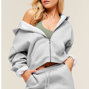 Women's Oversized Hooded <b>Zip</b>-<b>Up</b> Sweatshirt Drop Shoulder Solid Color Casual Crop Top Full Sleeve Knitted Cotton Blend AutumnWear - Product Image 1