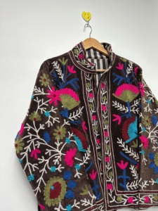Hand Embroidered Suzani <b>Velvet</b> Bomber Jacket Traditional Floral Bohemian Festival <b>Coat</b> O-Neck Collar Reversible Eco-Friendly - Product Image 4