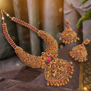 Gold Plated Bridal Jewelry Set with Ruby CZ Golden Pearls - Product Image 3