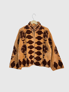 <b>Velvet</b> Mandarin Collar Blouson Jacket Full Sleeve Embroidered Floral Pattern Autumn Wear Adults Short Length - Product Image 1