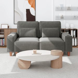 Divano Moderno e Accogliente a 2 Posti in Ciniglia con Seduta Profonda, Portabicchieri in Acciaio Inox Spazzolato e 2 Cuscini Decorativi per Soggiorno - Product Image 2